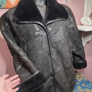 Women's Black Patterned Jacket with Faux Fur Collar